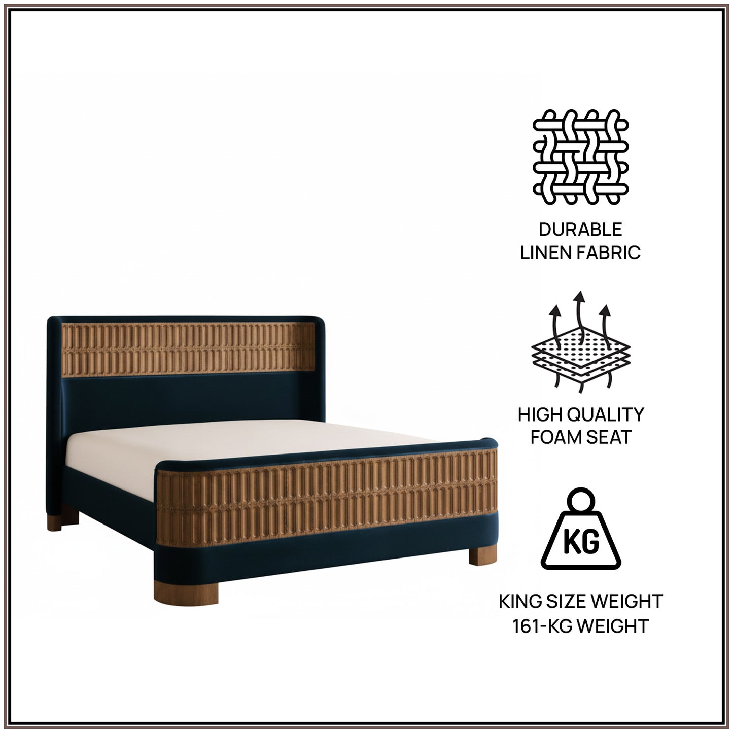 Heritage Cane Upholstered King Size Bed in Royal Blue Linen With Oak wood Frame