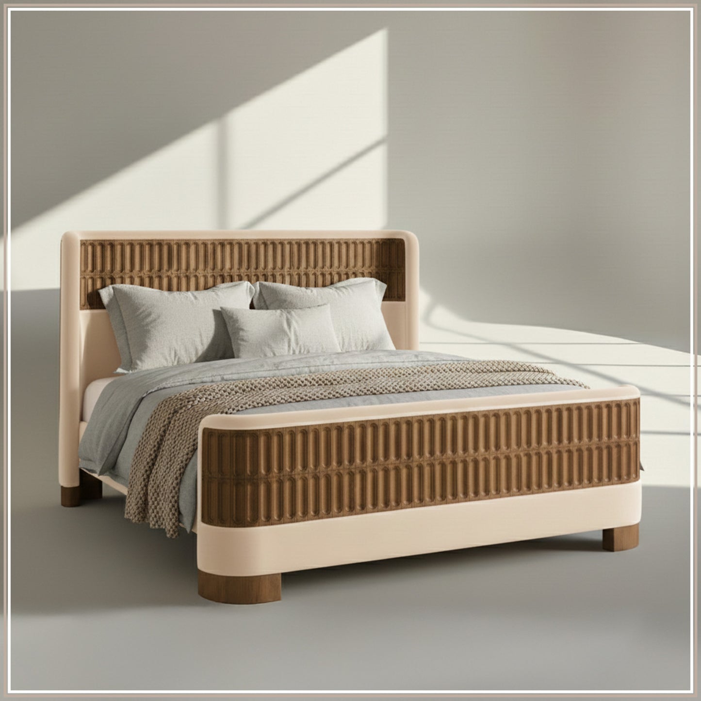 Heritage Cane Upholstered King Size Bed in Off White Linen With Oak wood Frame