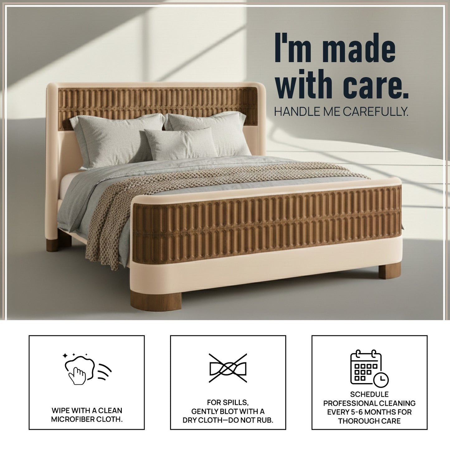 Heritage Cane Upholstered Queen Size Bed in Off White Linen with Oak wood Frame