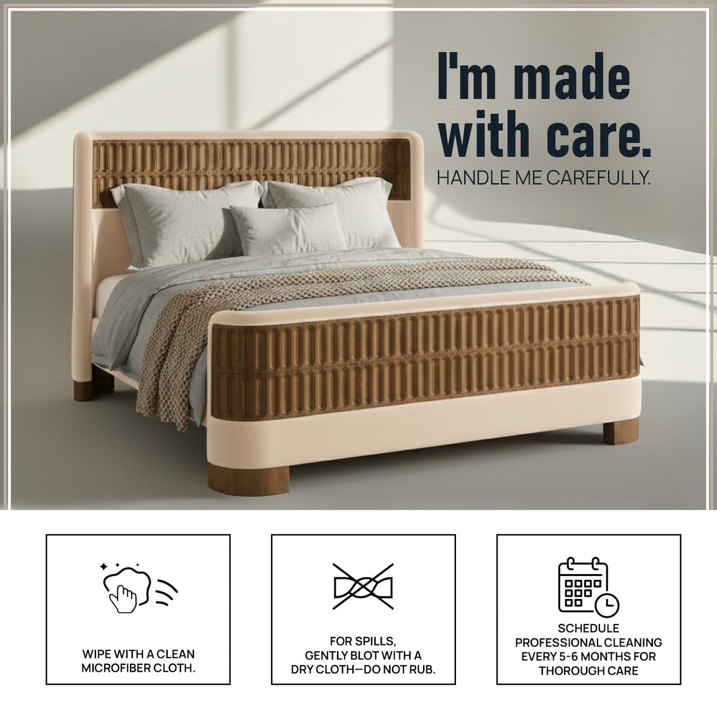 Heritage Cane Upholstered Queen Size Bed in Off White Linen with Oak wood Frame
