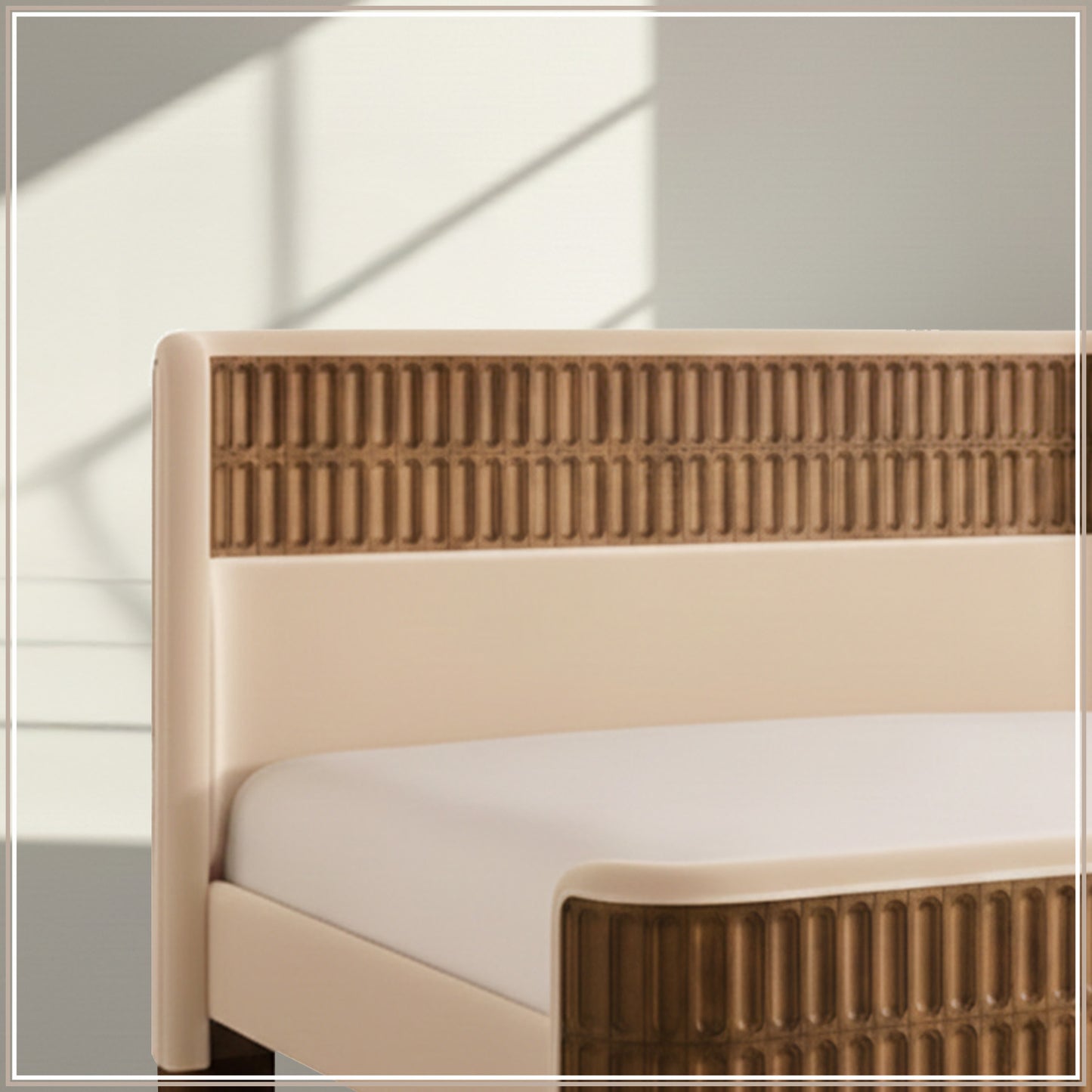 Heritage Cane Upholstered Queen Size Bed in Off White Linen with Oak wood Frame