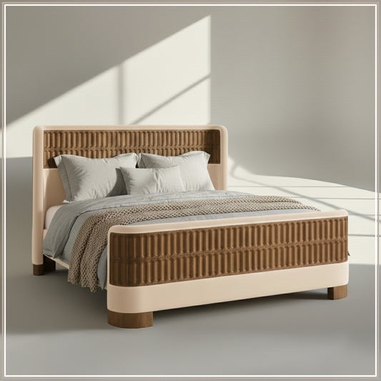 Heritage Cane Upholstered Queen Size Bed in Off White Linen with Oak wood Frame