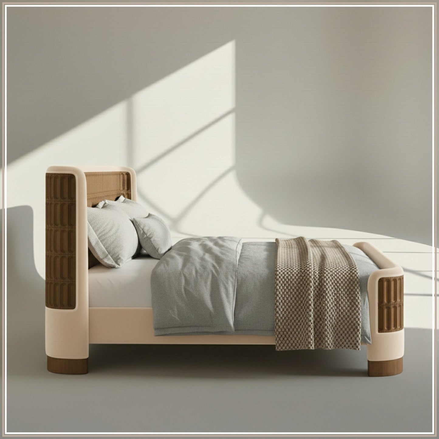 Heritage Cane Upholstered Queen Size Bed in Off White Linen with Oak wood Frame