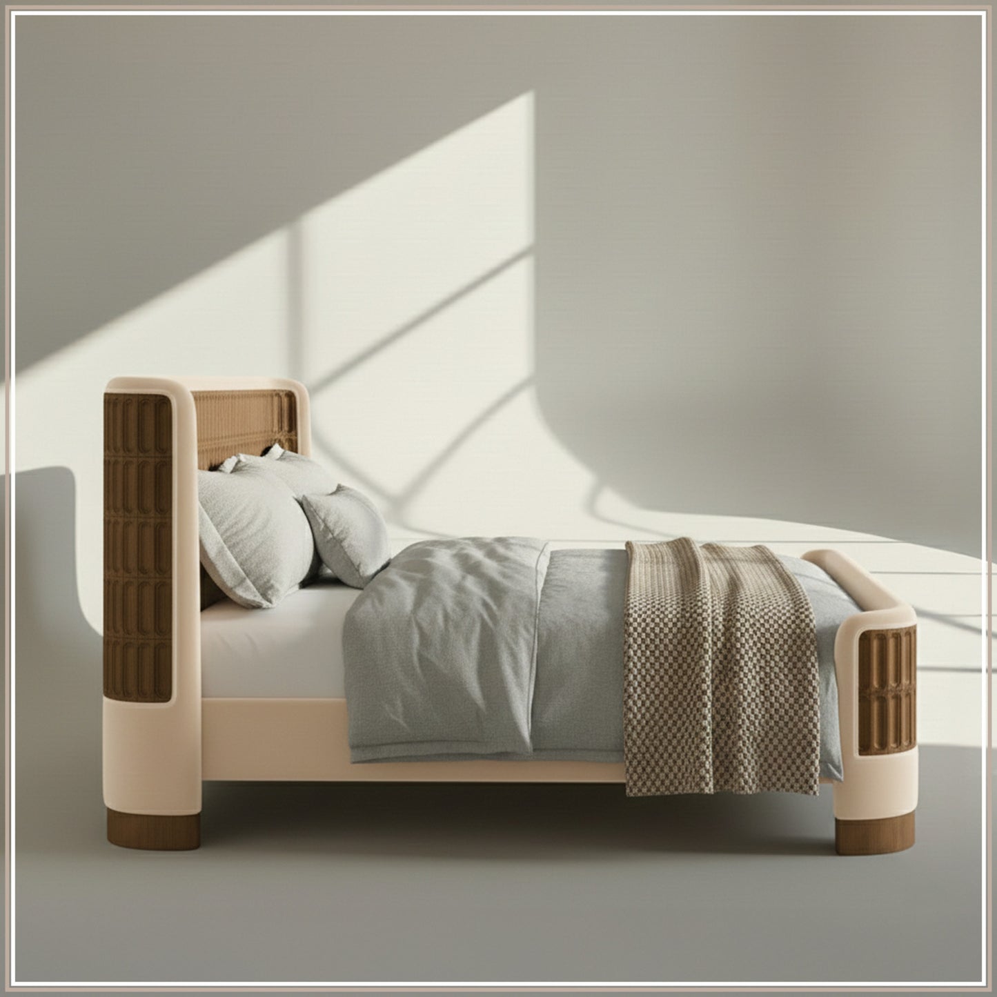 Heritage Cane Upholstered Queen Size Bed in Off White Linen with Oak wood Frame