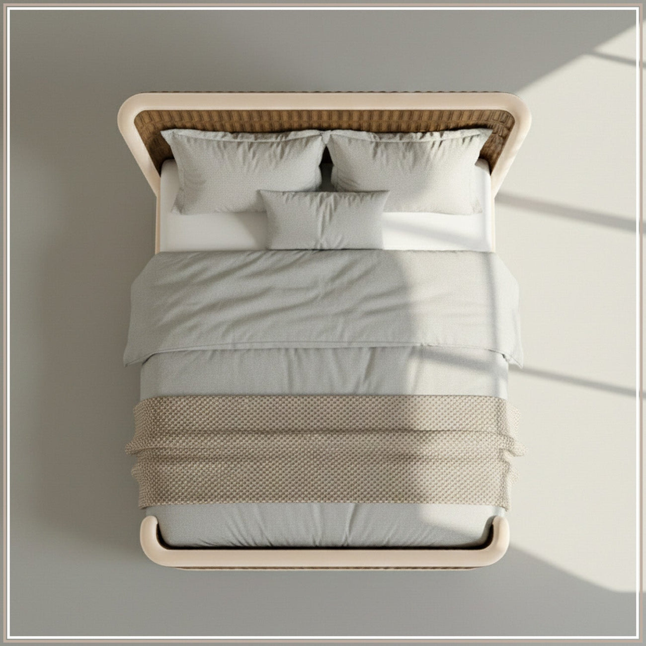 Heritage Cane Upholstered King Size Bed in Off White Linen With Oak wood Frame