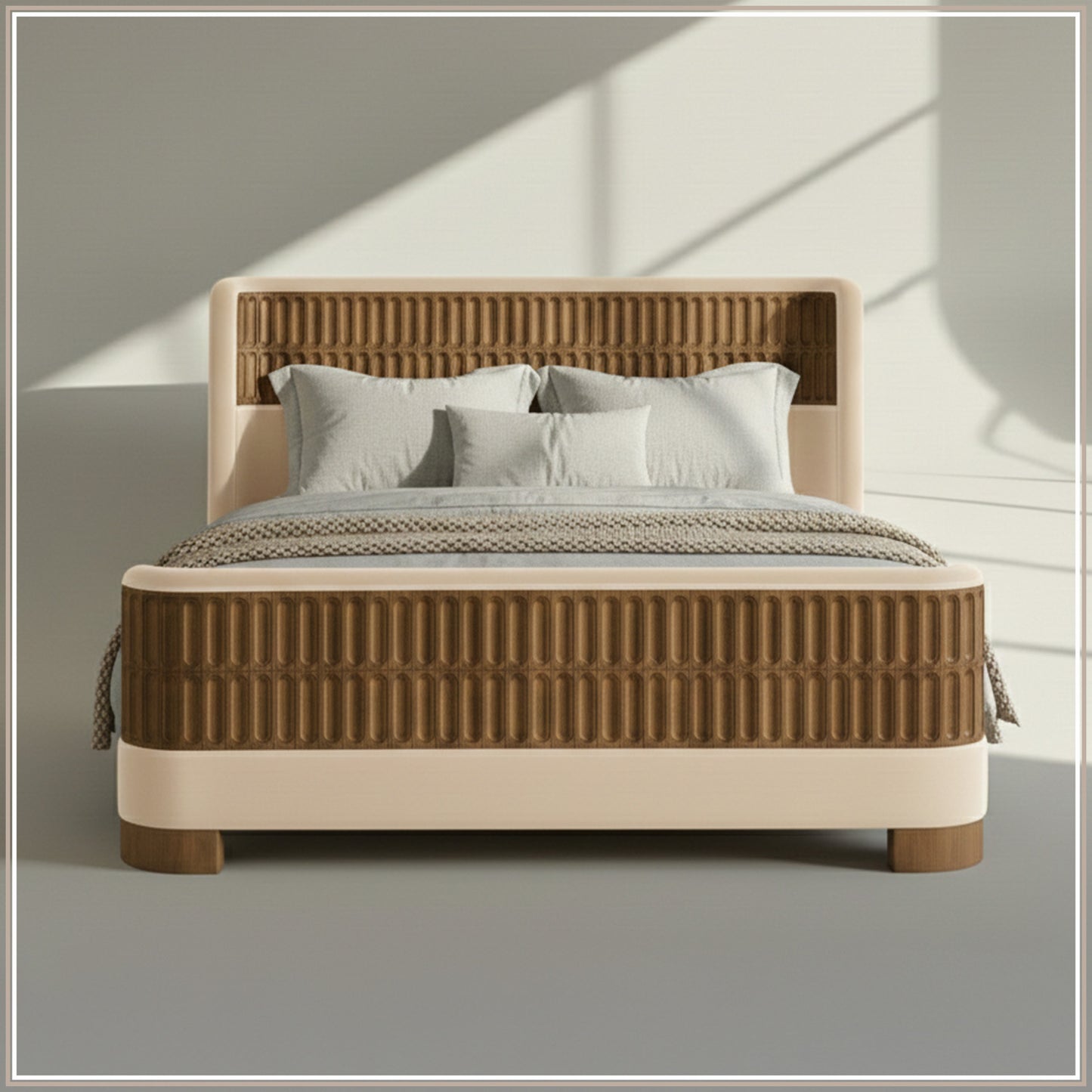 Heritage Cane Upholstered Queen Size Bed in Off White Linen with Oak wood Frame