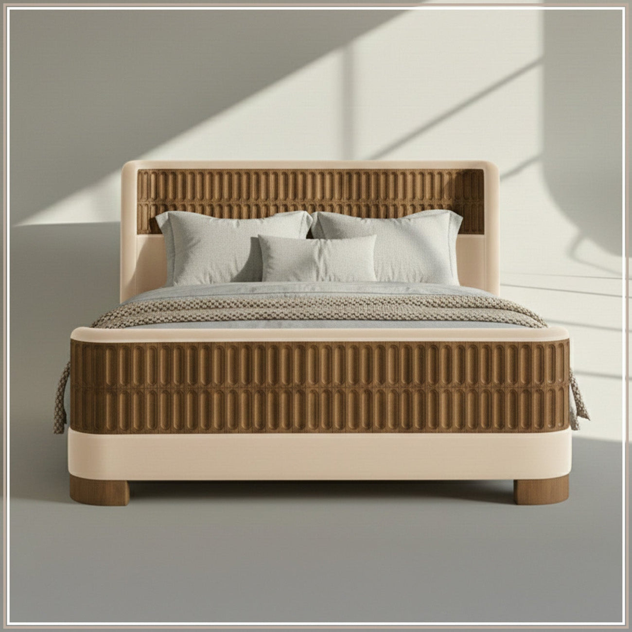 Heritage Cane Upholstered Queen Size Bed in Off White Linen with Oak wood Frame