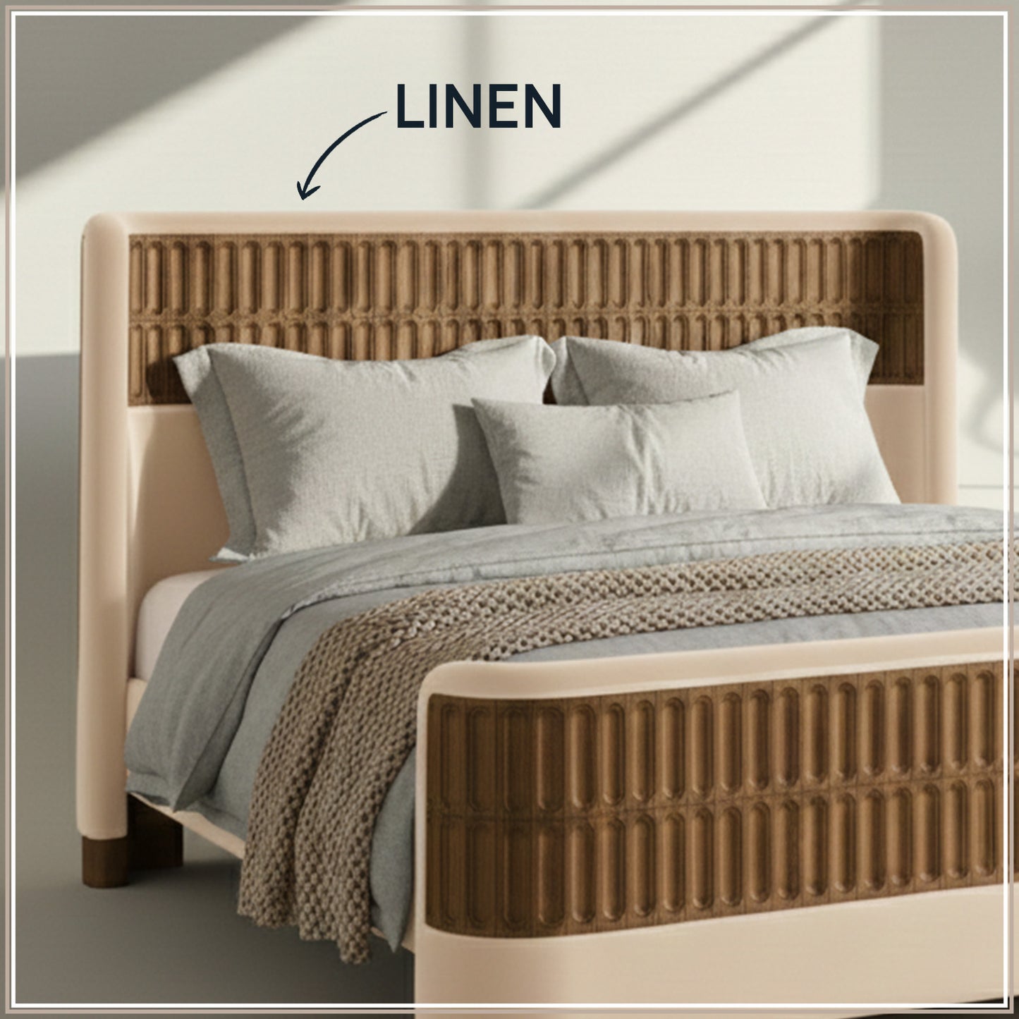 Heritage Cane Upholstered Queen Size Bed in Off White Linen with Oak wood Frame