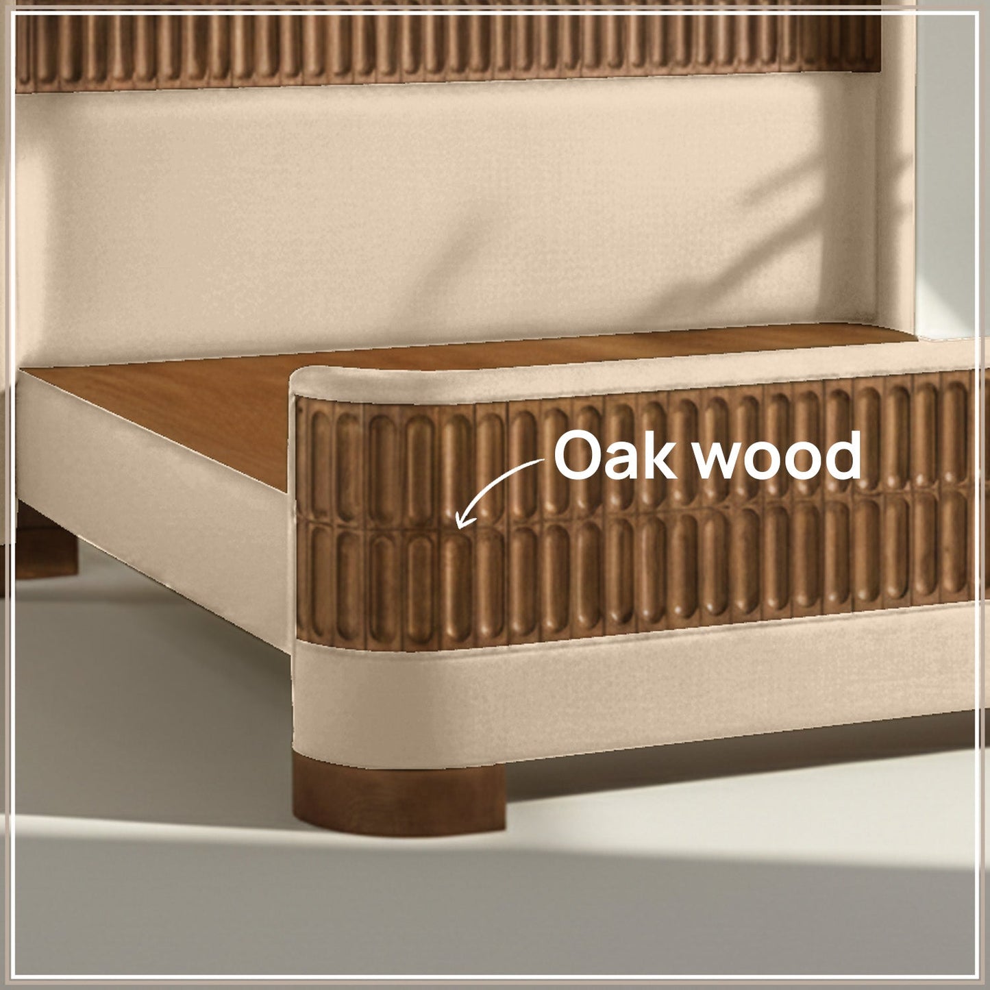 Heritage Cane Upholstered Queen Size Bed in Off White Linen with Oak wood Frame