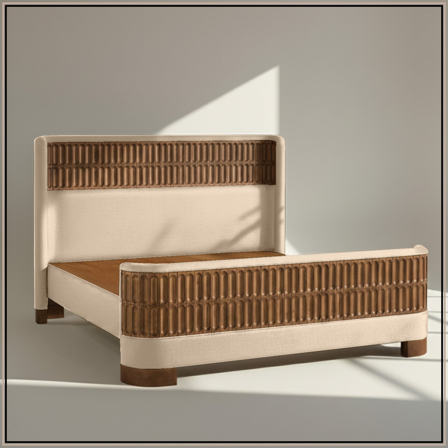Heritage Cane Upholstered King Size Bed in Off White Linen With Oak wood Frame