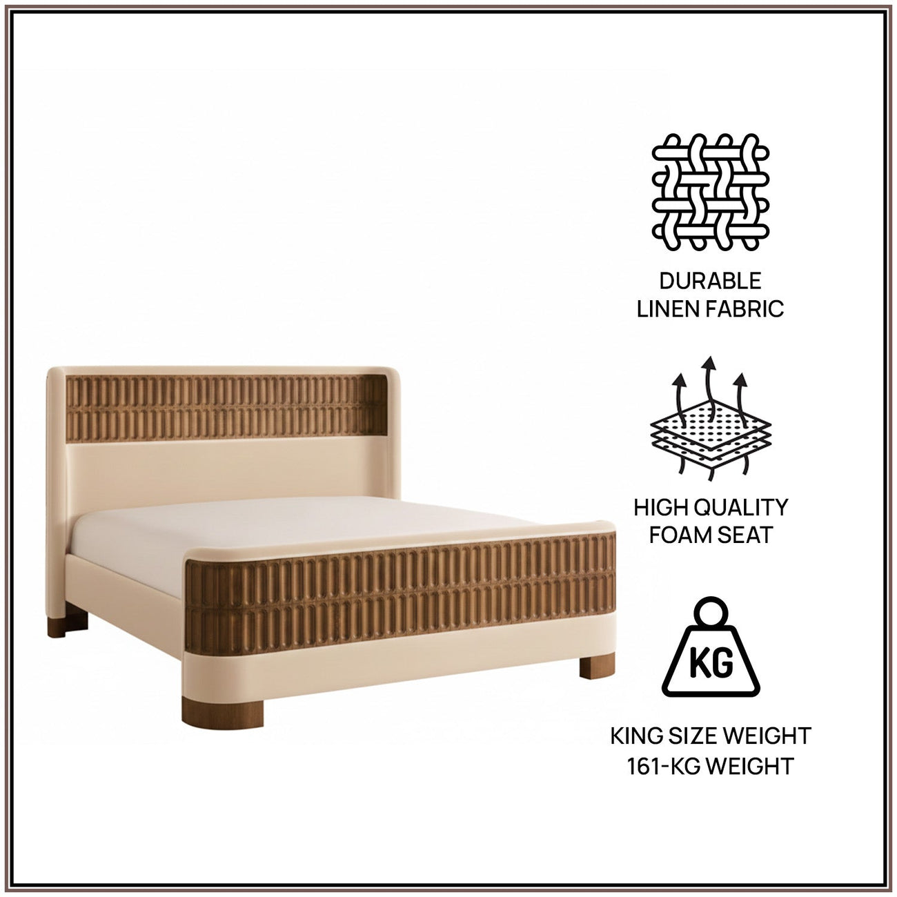 Heritage Cane Upholstered King Size Bed in Off White Linen With Oak wood Frame