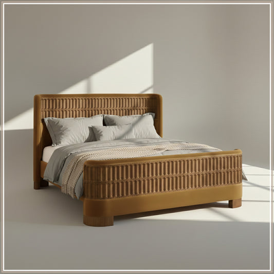 Heritage Cane Upholstered King Size Bed in Mustard Linen with Oak wood Frame