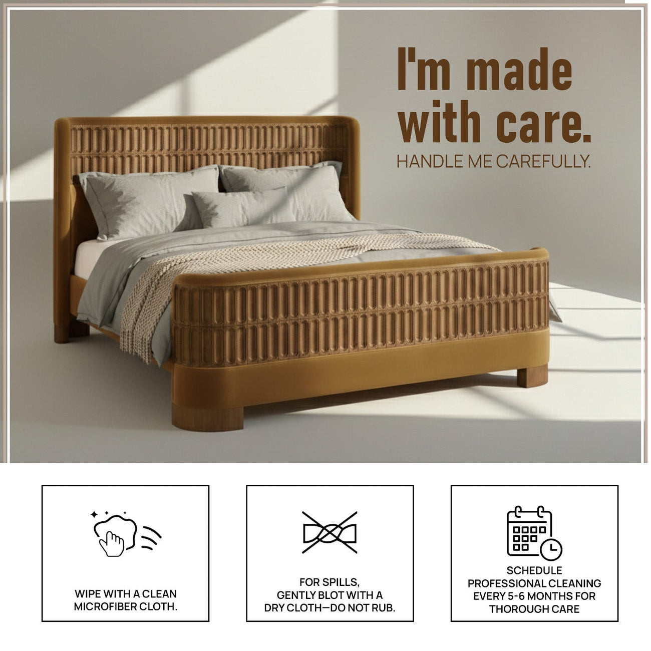 Heritage Cane Upholstered Queen Size Bed in Mustard Linen with Oak wood Frame