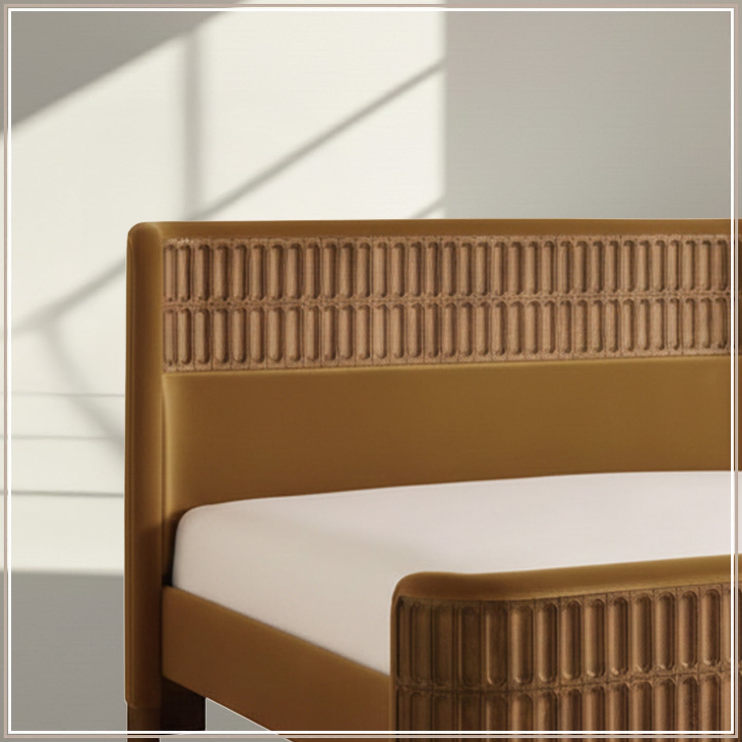 Heritage Cane Upholstered King Size Bed in Mustard Linen with Oak wood Frame