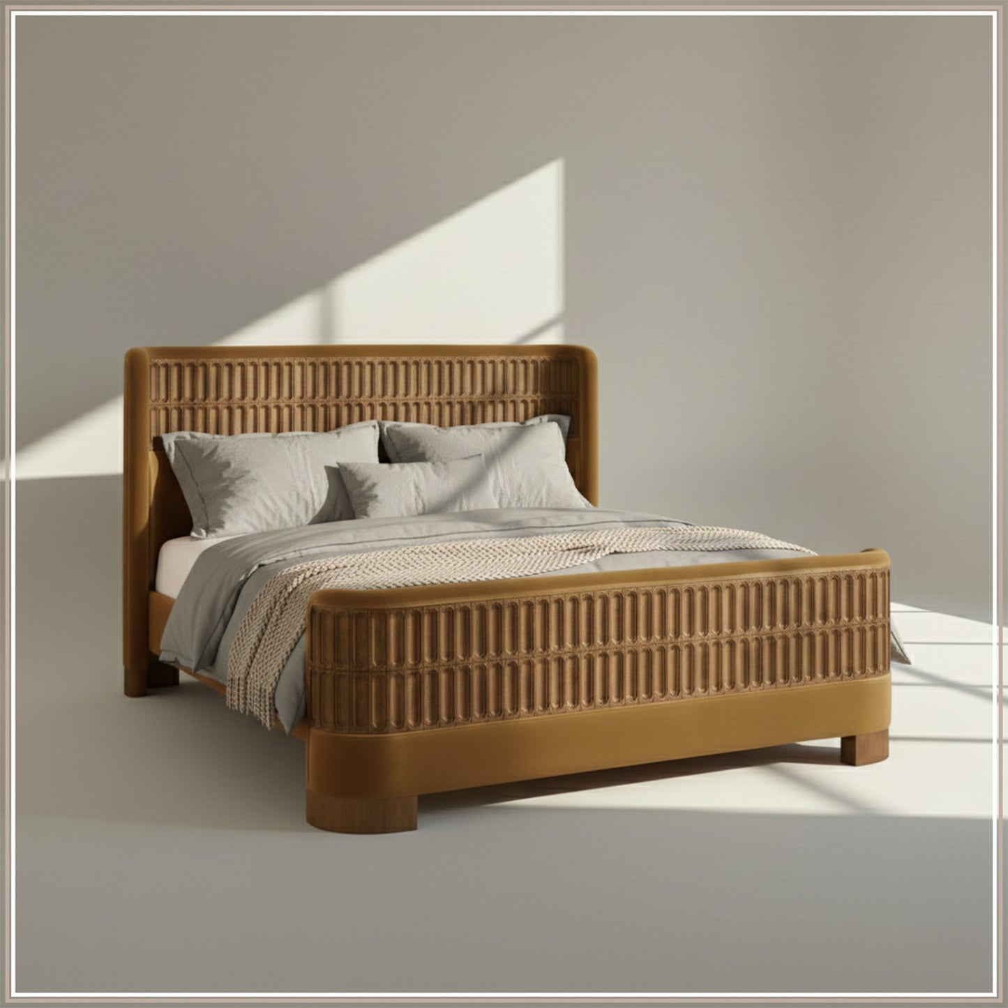 Heritage Cane Upholstered Queen Size Bed in Mustard Linen with Oak wood Frame