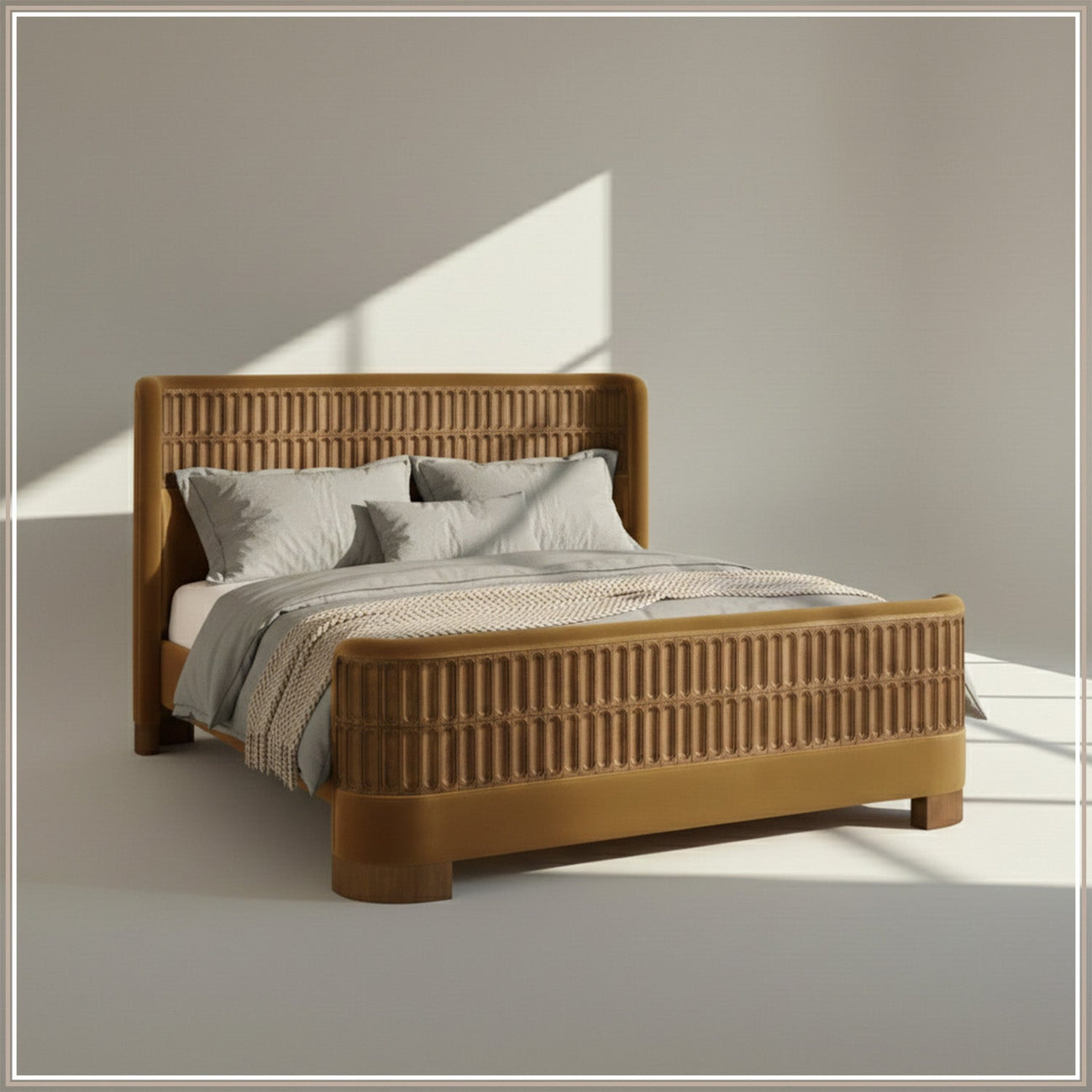 Heritage Cane Upholstered Queen Size Bed in Mustard Linen with Oak wood Frame