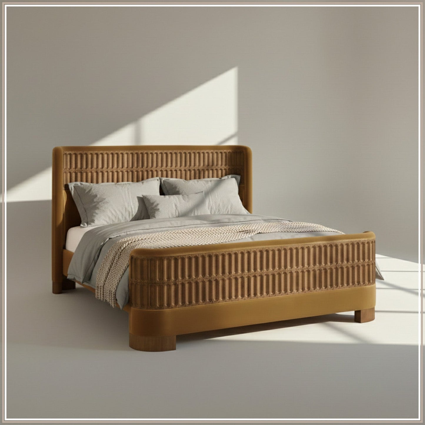 Heritage Cane Upholstered King Size Bed in Mustard Linen with Oak wood Frame