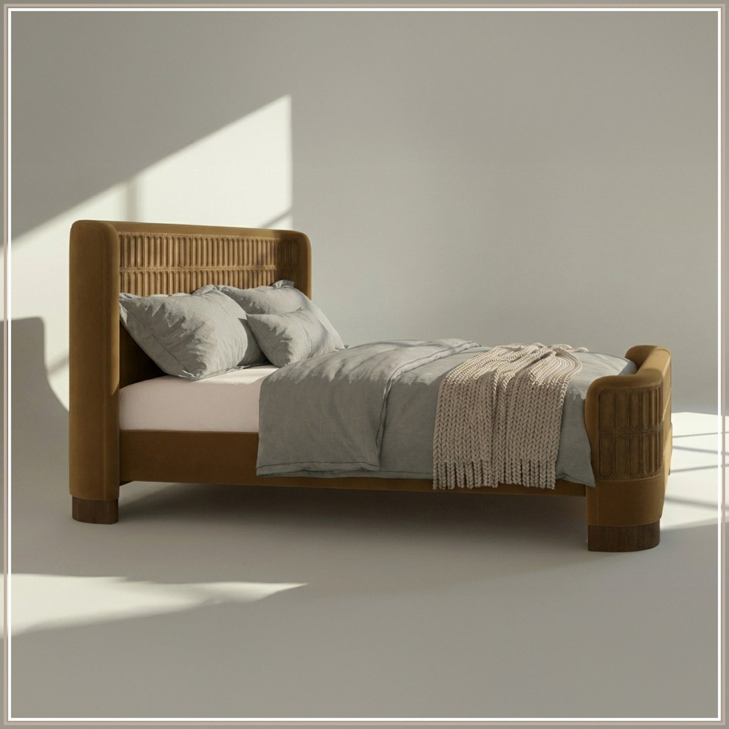 Heritage Cane Upholstered King Size Bed in Mustard Linen with Oak wood Frame