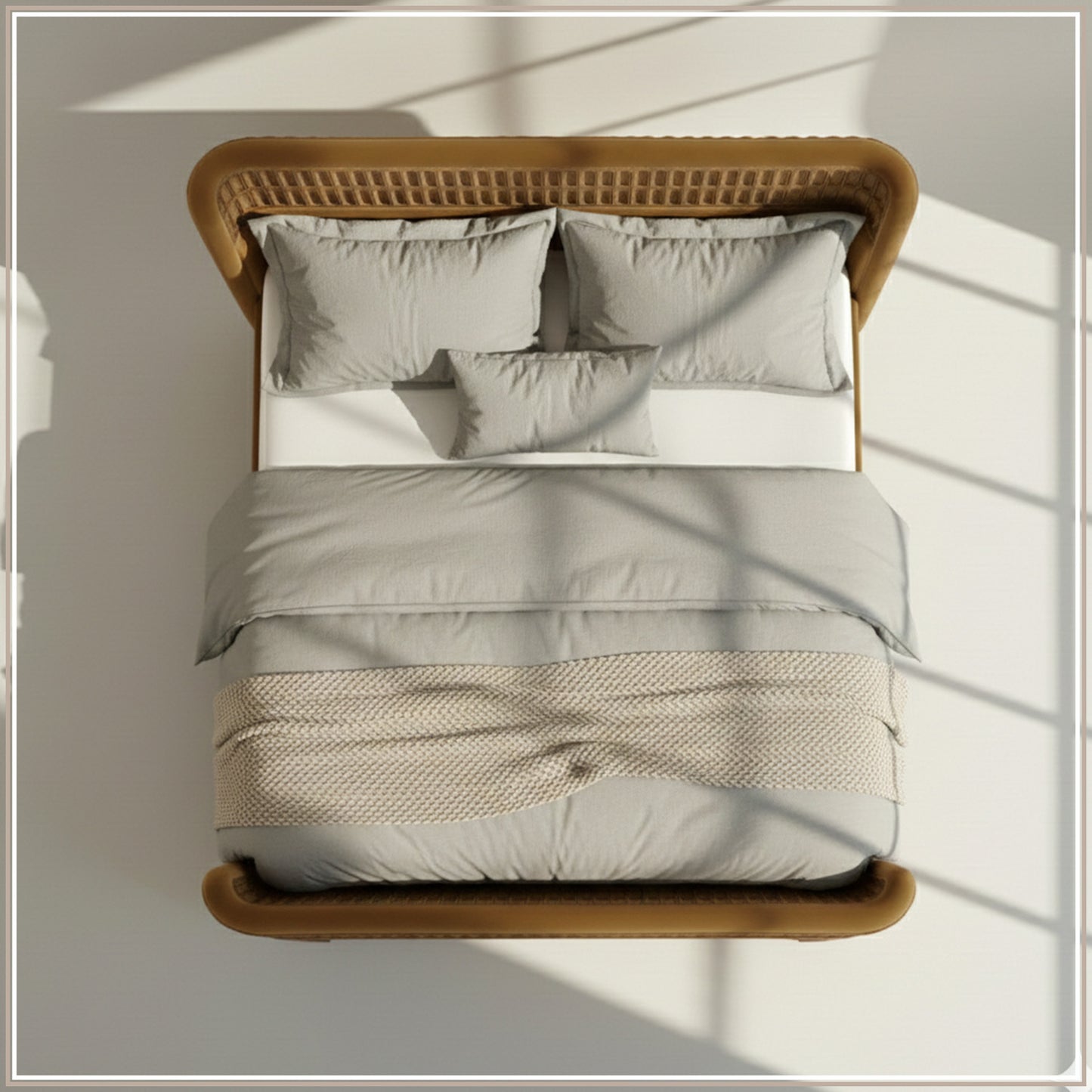 Heritage Cane Upholstered Queen Size Bed in Mustard Linen with Oak wood Frame