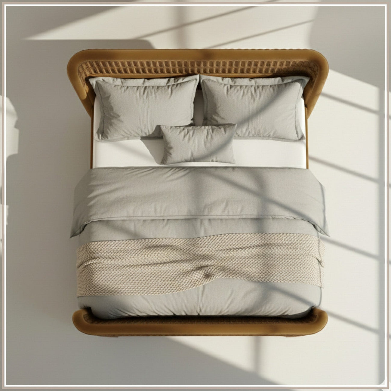 Heritage Cane Upholstered Queen Size Bed in Mustard Linen with Oak wood Frame