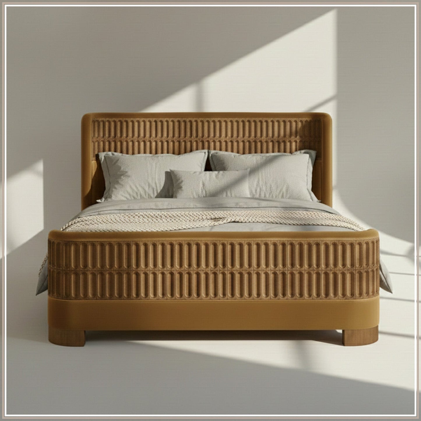 Heritage Cane Upholstered King Size Bed in Mustard Linen with Oak wood Frame