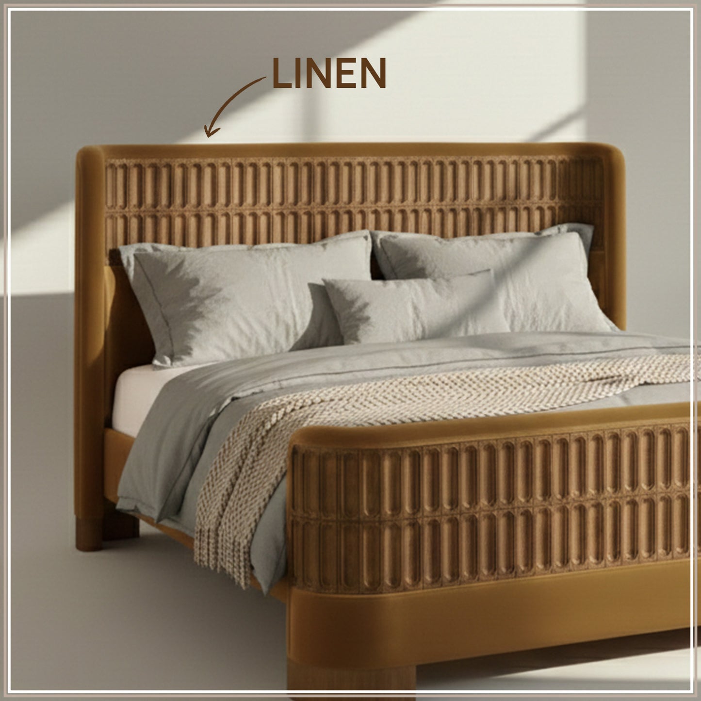 Heritage Cane Upholstered King Size Bed in Mustard Linen with Oak wood Frame