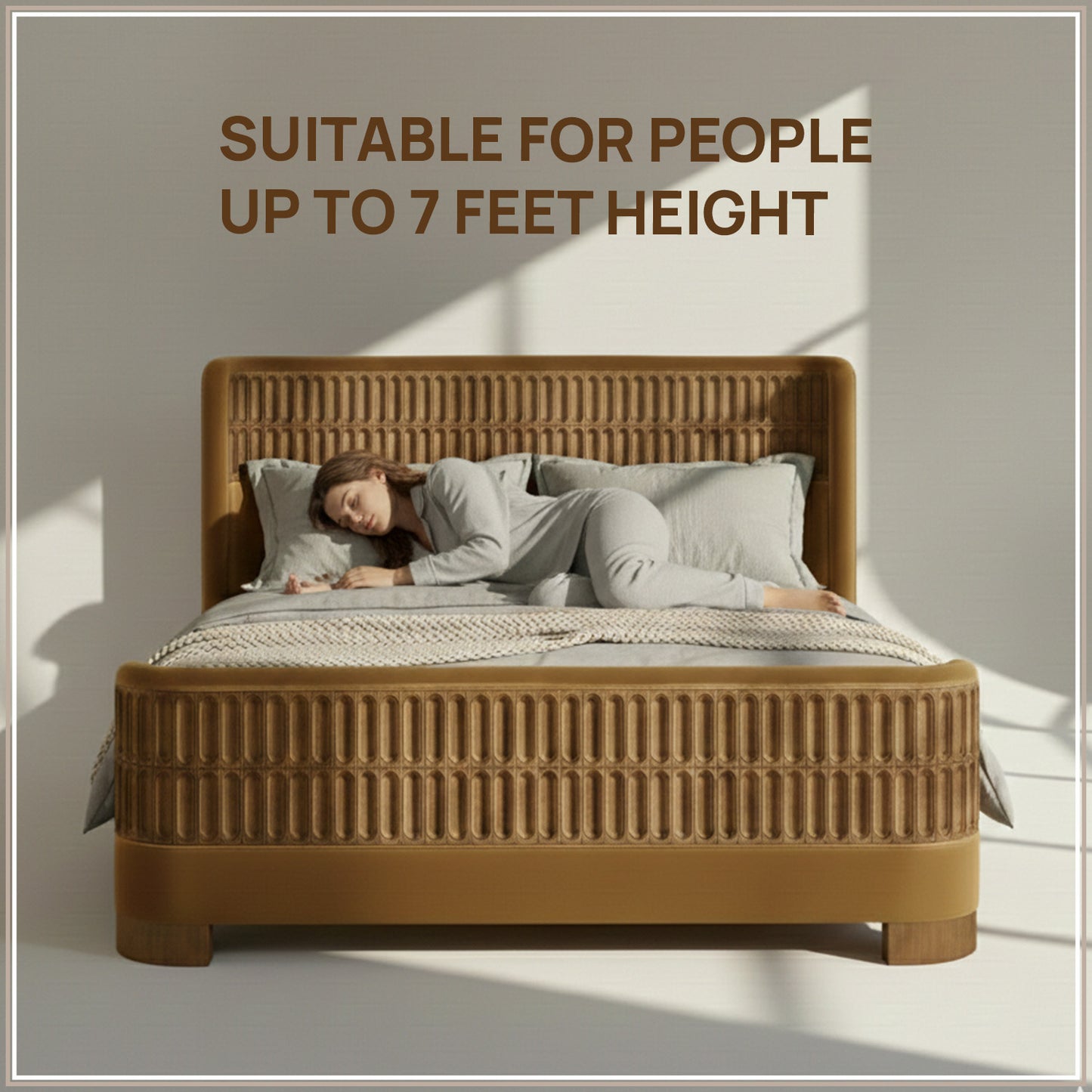 Heritage Cane Upholstered Queen Size Bed in Mustard Linen with Oak wood Frame