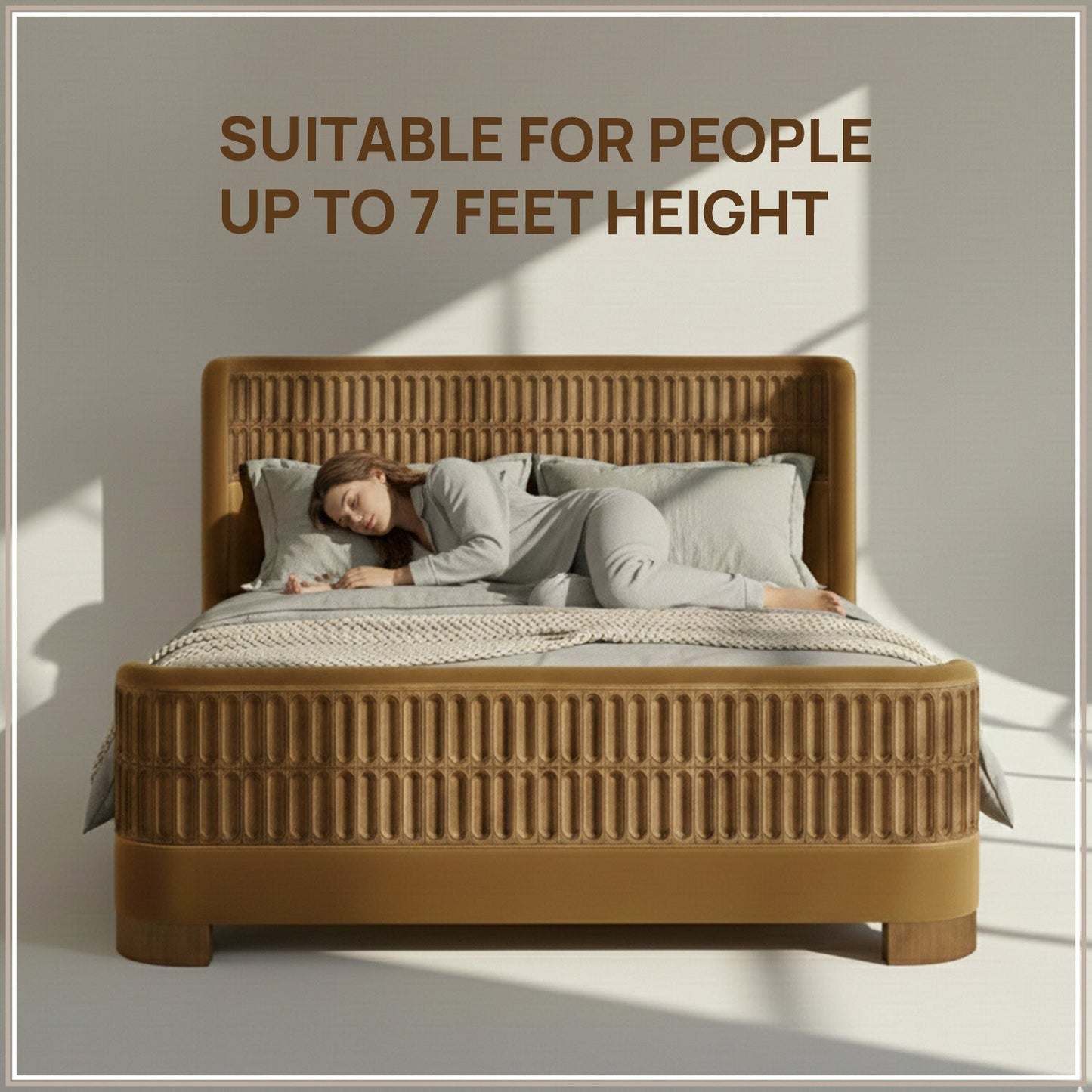 Heritage Cane Upholstered King Size Bed in Mustard Linen with Oak wood Frame