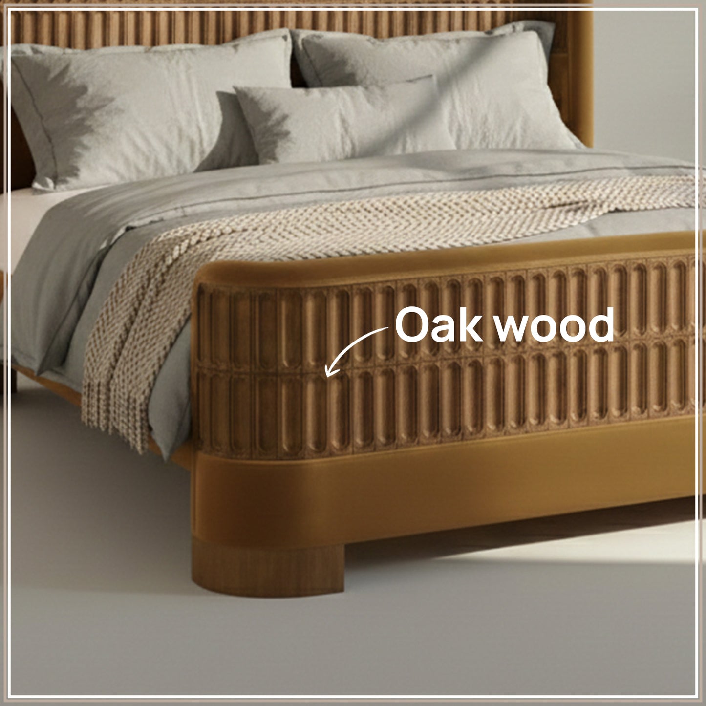 Heritage Cane Upholstered King Size Bed in Mustard Linen with Oak wood Frame