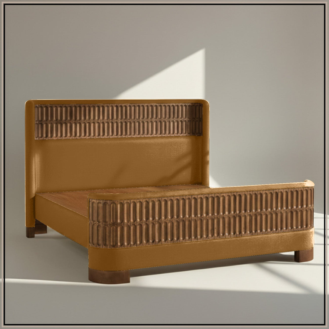 Heritage Cane Upholstered King Size Bed in Mustard Linen with Oak wood Frame