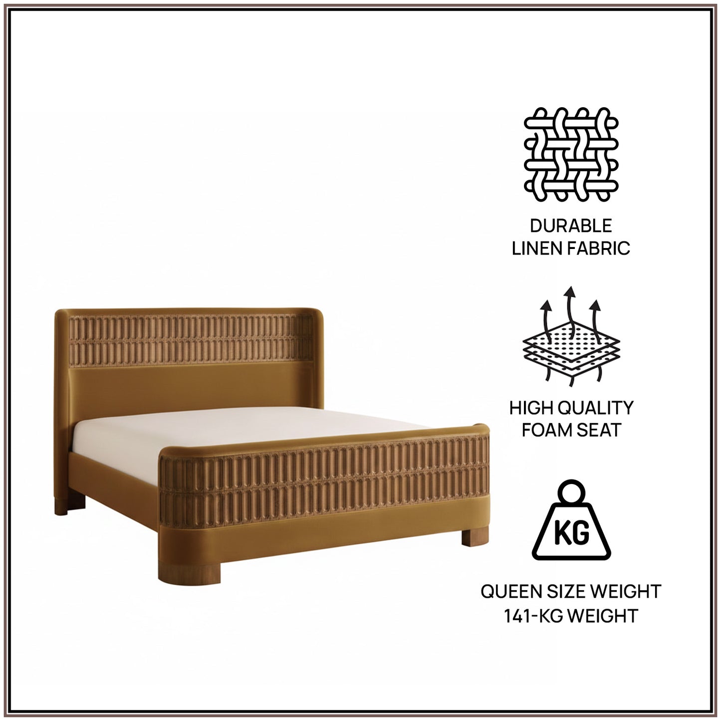 Heritage Cane Upholstered Queen Size Bed in Mustard Linen with Oak wood Frame