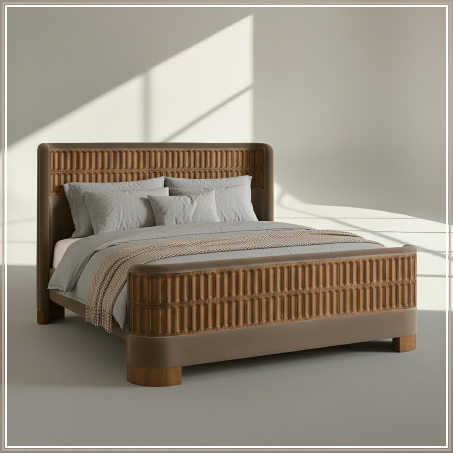 Heritage Cane Upholstered King Size Bed in Taupe Linen With Oak wood Frame