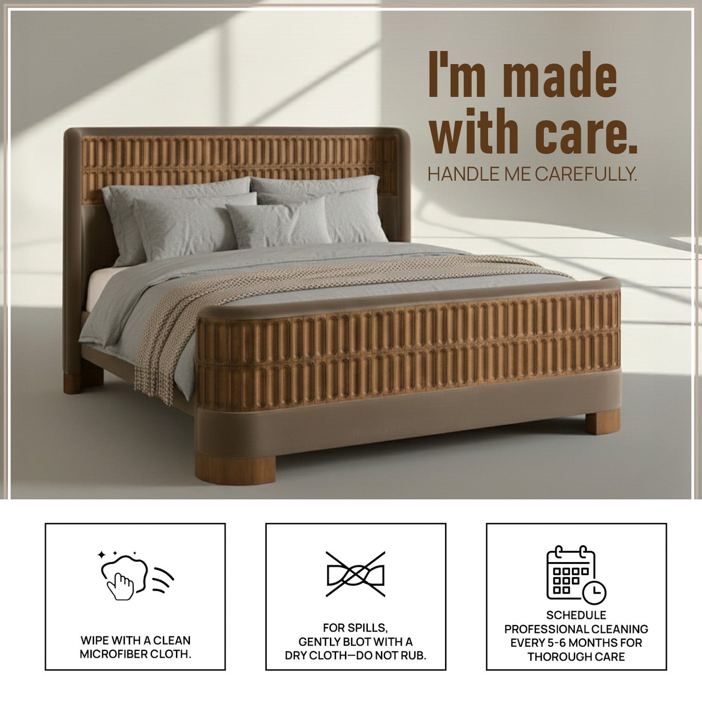 Heritage Cane Upholstered Queen Size Bed in Taupe Linen with Oak wood Frame