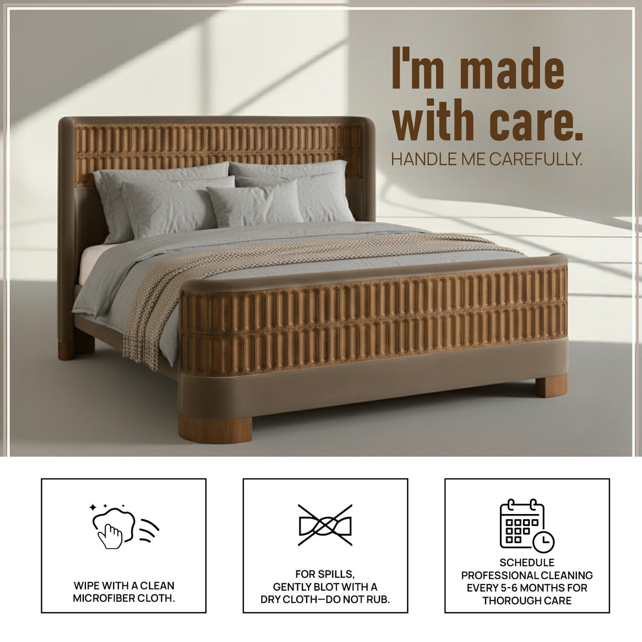 Heritage Cane Upholstered Queen Size Bed in Taupe Linen with Oak wood Frame
