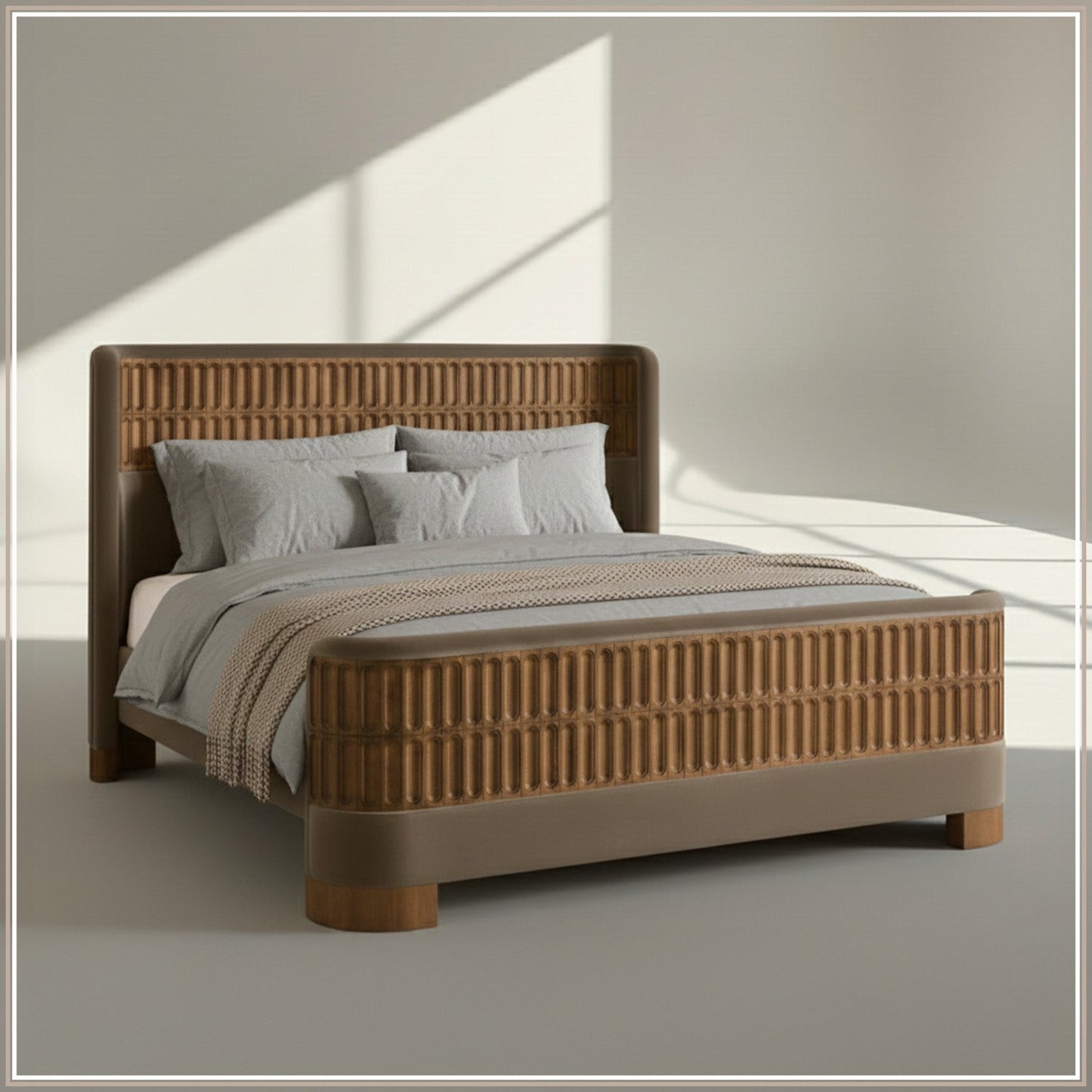 Heritage Cane Upholstered King Size Bed in Taupe Linen With Oak wood Frame