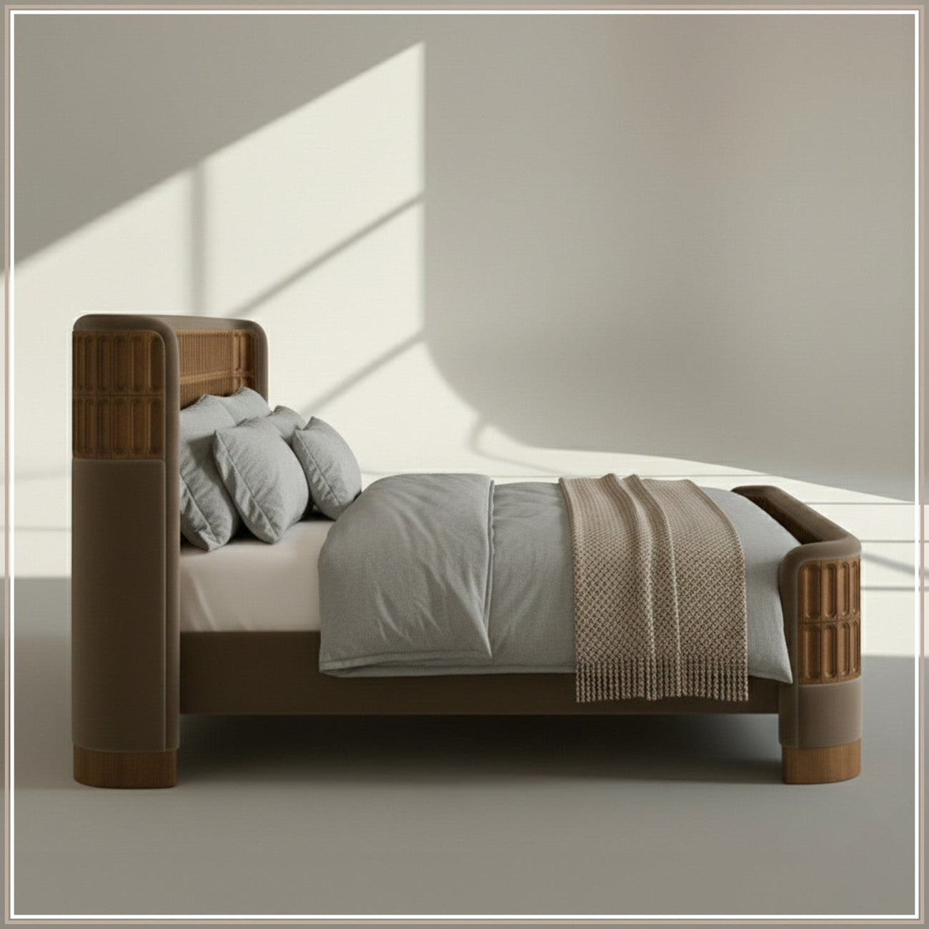 Heritage Cane Upholstered King Size Bed in Taupe Linen With Oak wood Frame