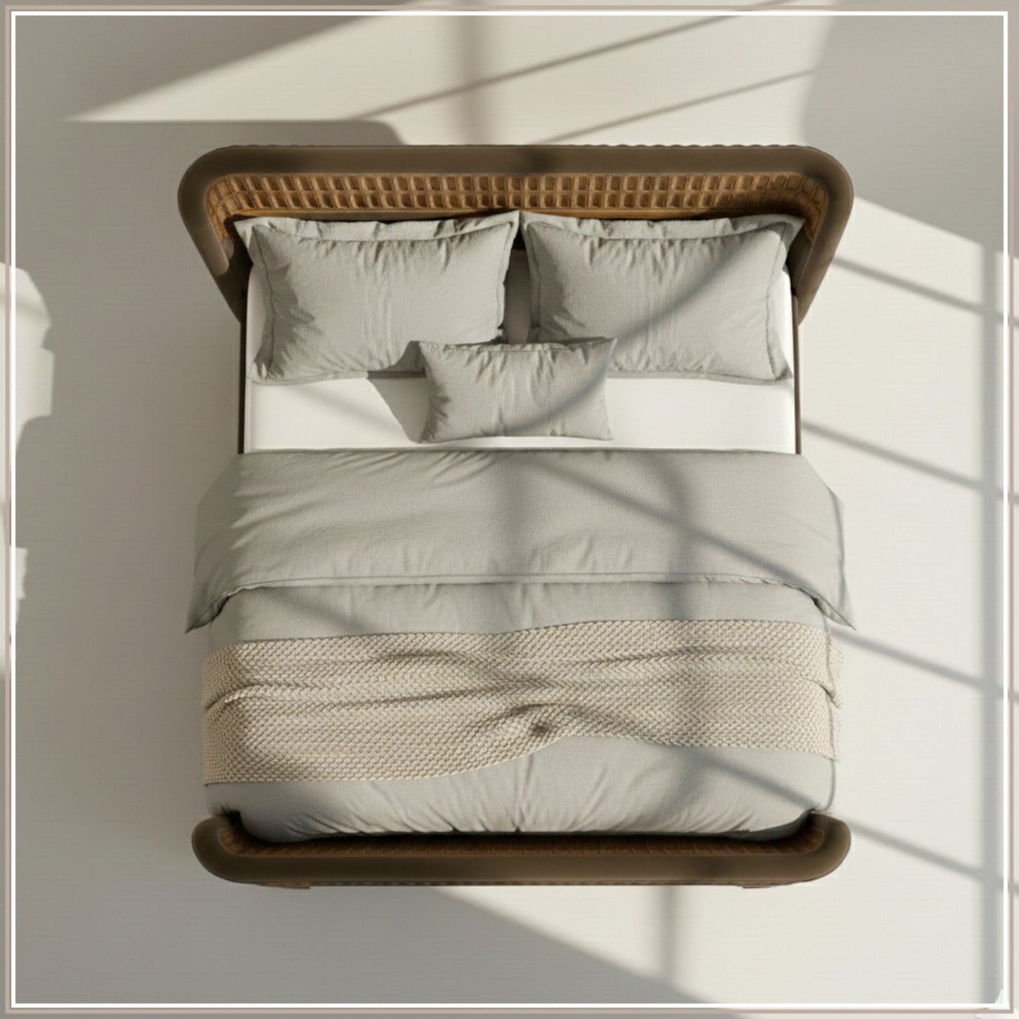 Heritage Cane Upholstered Queen Size Bed in Taupe Linen with Oak wood Frame