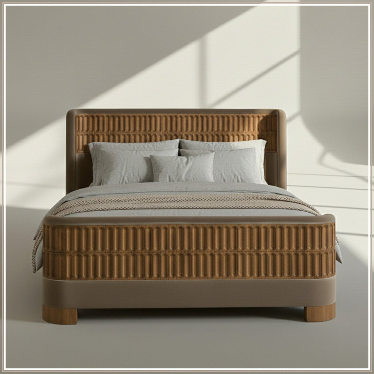 Heritage Cane Upholstered Queen Size Bed in Taupe Linen with Oak wood Frame