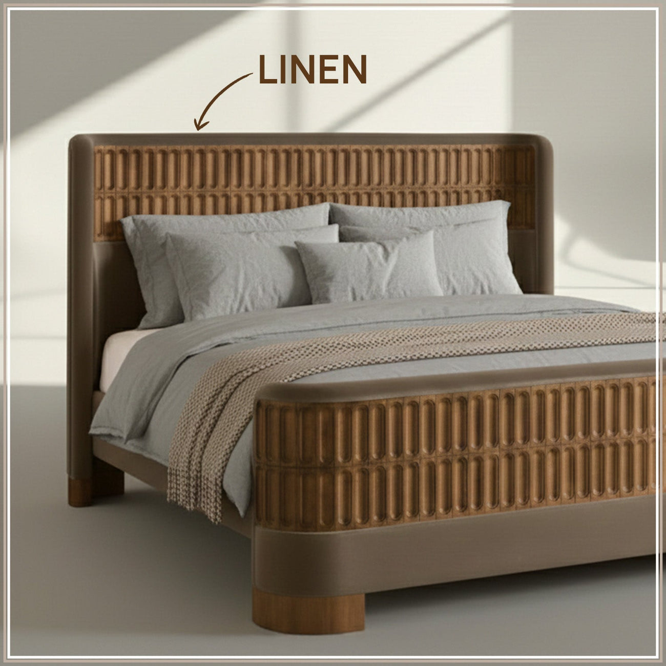 Heritage Cane Upholstered Queen Size Bed in Taupe Linen with Oak wood Frame