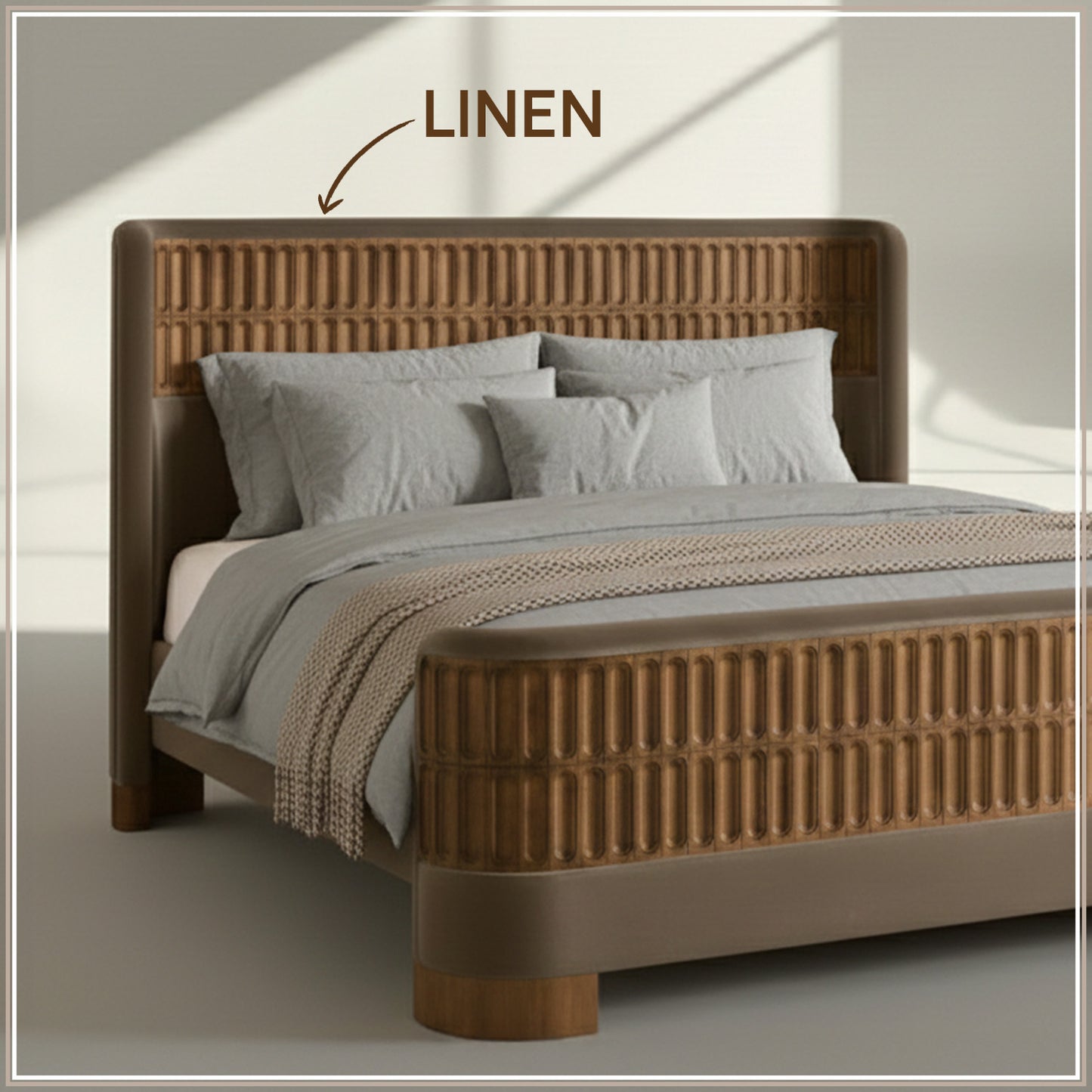 Heritage Cane Upholstered Queen Size Bed in Taupe Linen with Oak wood Frame