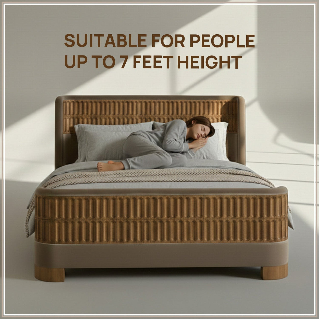 Heritage Cane Upholstered Queen Size Bed in Taupe Linen with Oak wood Frame
