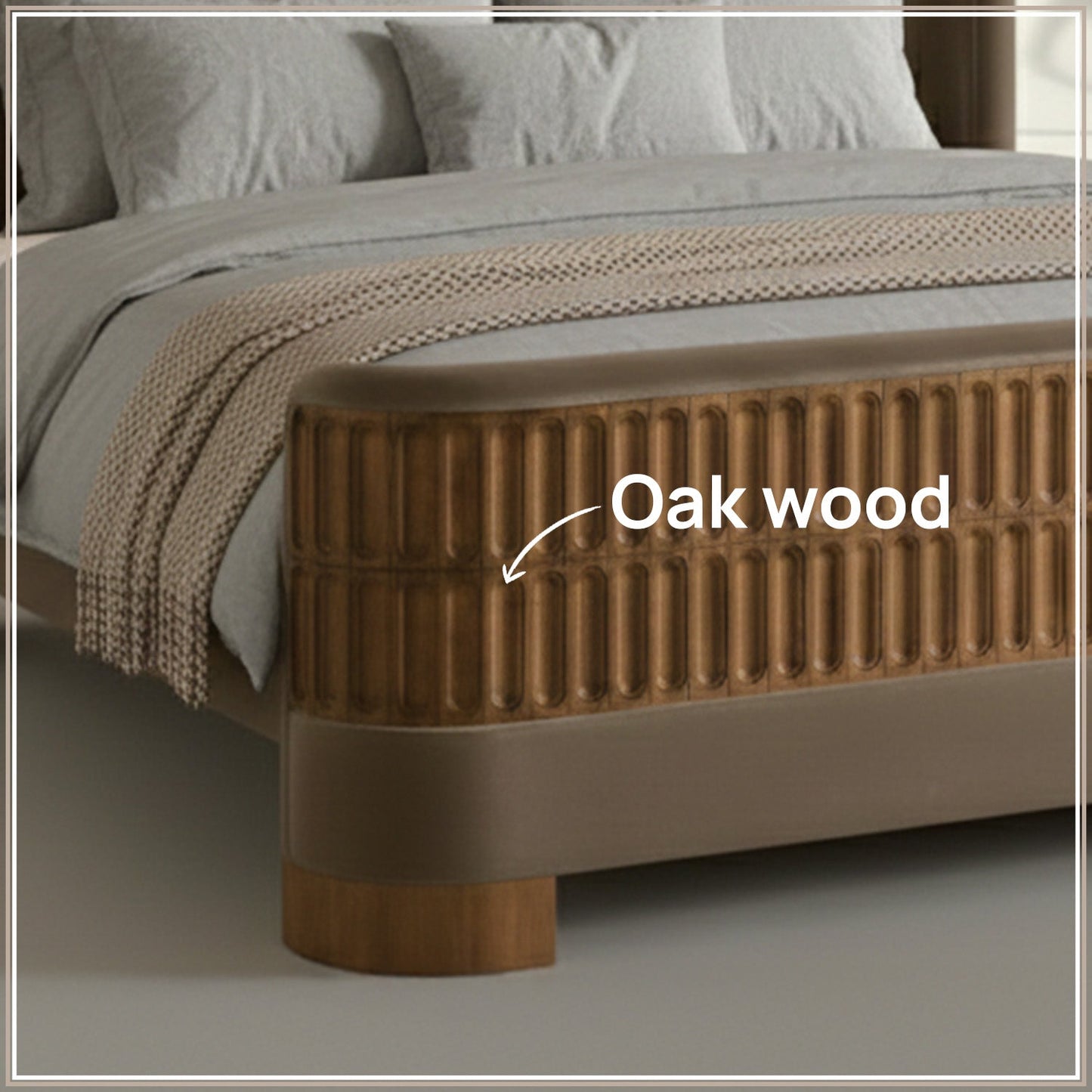 Heritage Cane Upholstered King Size Bed in Taupe Linen With Oak wood Frame