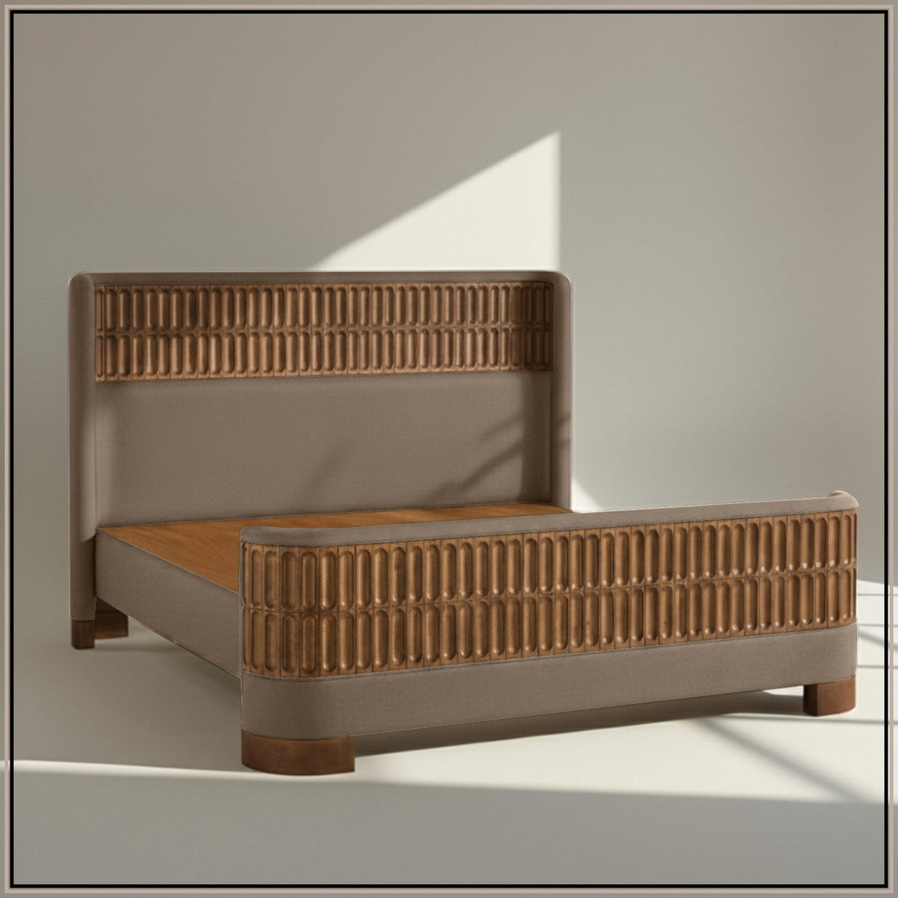 Heritage Cane Upholstered King Size Bed in Taupe Linen With Oak wood Frame
