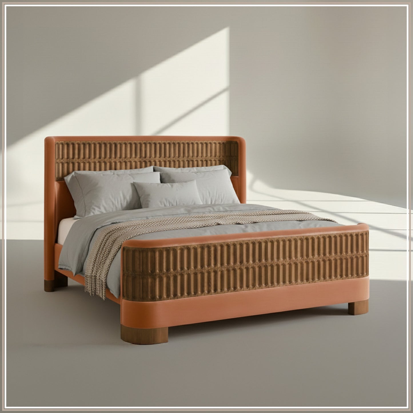 Heritage Cane Upholstered Queen Size Bed in Antique Rose Linen with Oak wood Frame