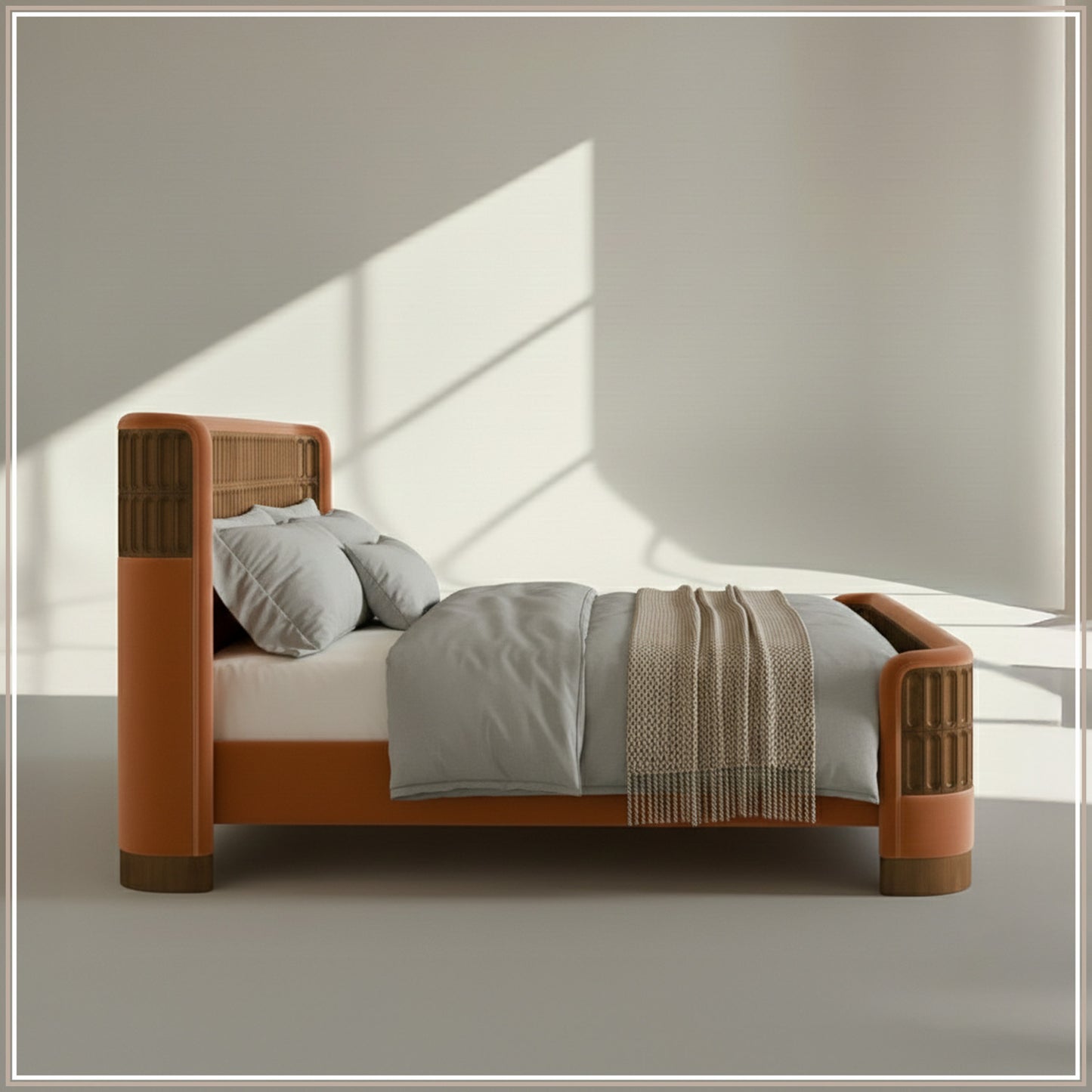 Heritage Cane Upholstered King Size Bed in Antique Rose Linen With Oak wood Frame