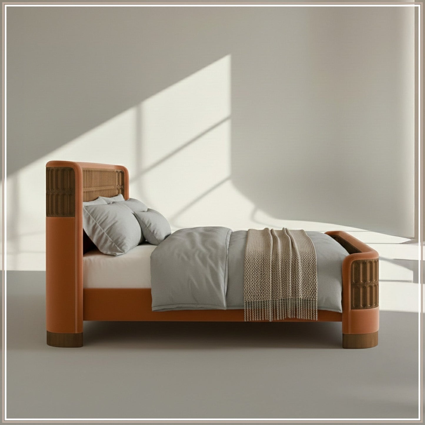 Heritage Cane Upholstered Queen Size Bed in Antique Rose Linen with Oak wood Frame