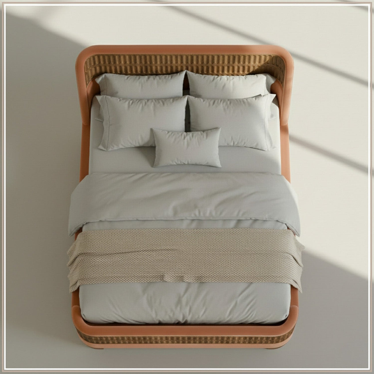 Heritage Cane Upholstered Queen Size Bed in Antique Rose Linen with Oak wood Frame