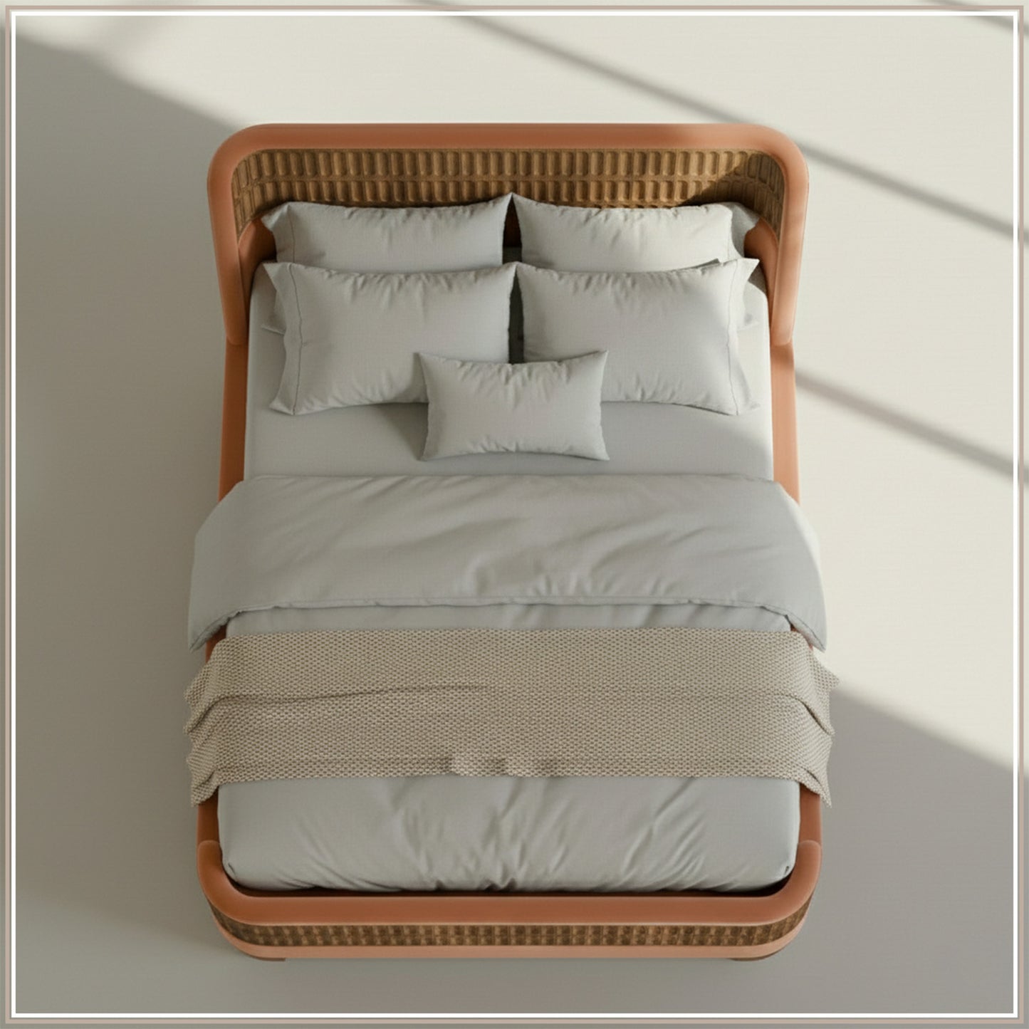 Heritage Cane Upholstered Queen Size Bed in Antique Rose Linen with Oak wood Frame