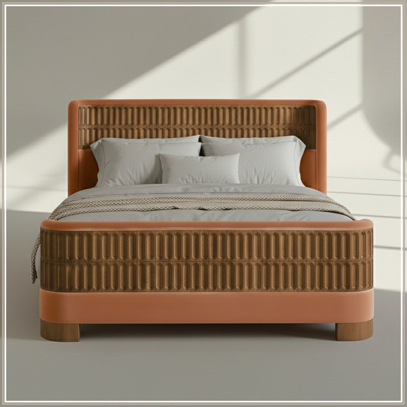 Heritage Cane Upholstered Queen Size Bed in Antique Rose Linen with Oak wood Frame