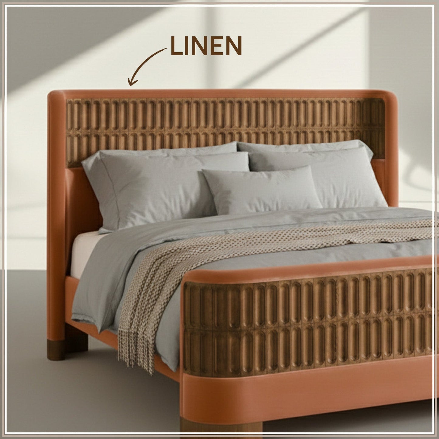 Heritage Cane Upholstered Queen Size Bed in Antique Rose Linen with Oak wood Frame